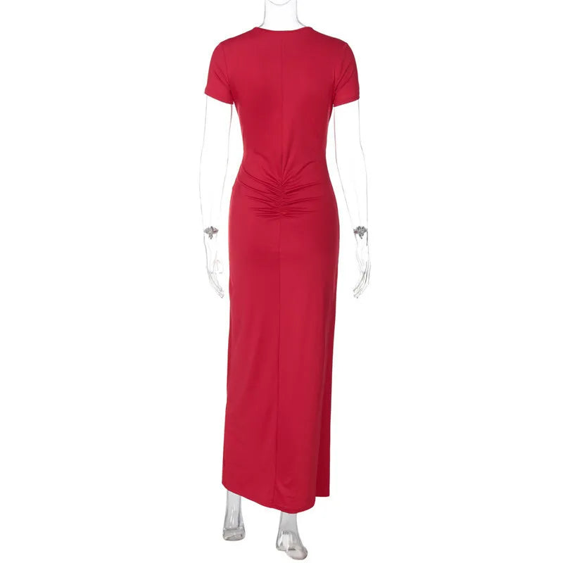 Twist Front Knot Crew Neck Short Sleeve Ruched Bodycon Maxi Dress