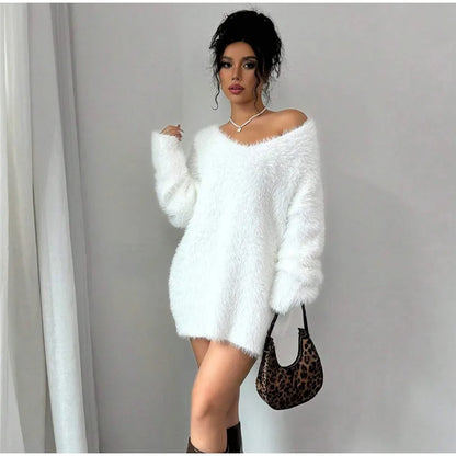 Plush V-neck Knitted Mini Dress Woman Loose Autumn Winter Women's Sweater Soft Above Knee Long Sleeve Solid Casual Dresses Warm