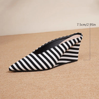Fashion Heels for Ladies Summer New Pointed Toe Wedge Striped Women Mules Elegant Slingback Non-slip Casual Pumps Slippers