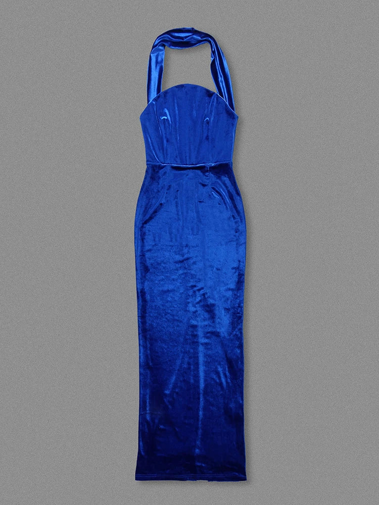 Velvet Halter Collar Strapless Bodycon Maxi Gown