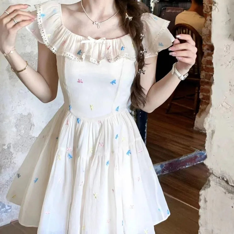 Mini Dresses Women Bow Sweet Flying Sleeve Square Collar French Style Chic Spring Summer Party Mini Dress Princess Casual