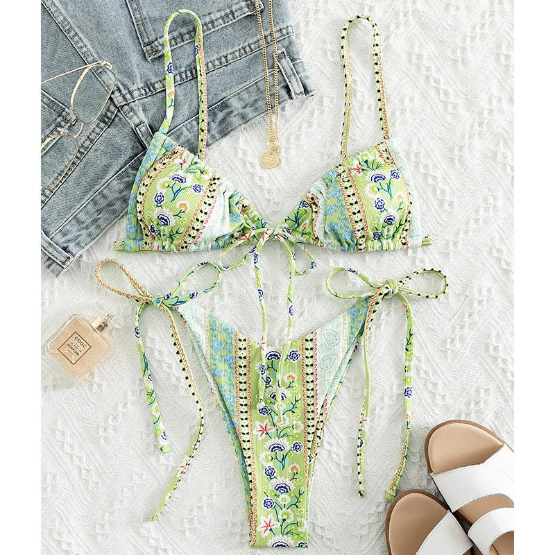 New Floral Print String Bandage Bikinis Triangle Cup Push Up Swimsuit Women Bathing Suit Beachwear Halter Swimwear XS