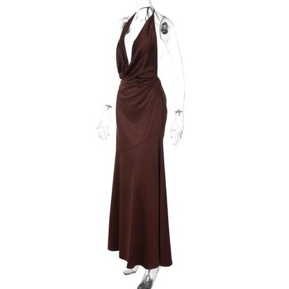 Women's Evening Gown Deep V Neck Halter Sexy Maxi Dress Solid Color Summer Sleeveless Backless Slim Fit Party Long Dress