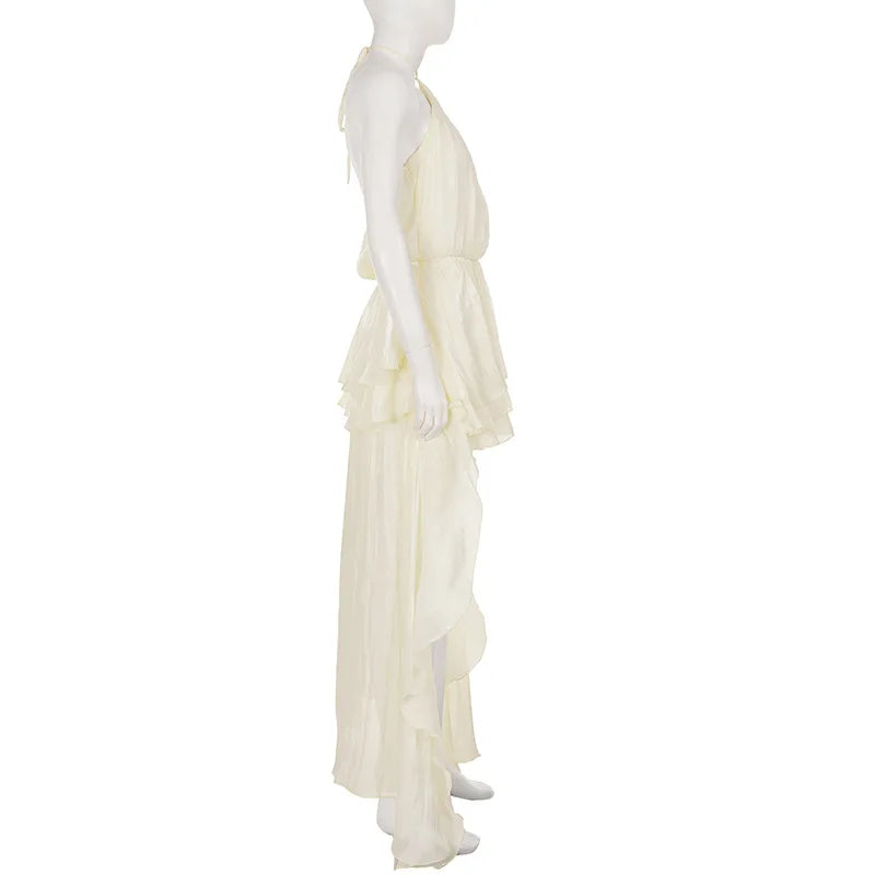 Romantic Necklace Women's Maxi Dress Backless Ruffle Shiny Elegant Luxury Wedding Party Evening Gala Female Summer Dress