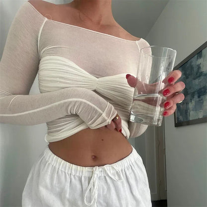 Twist Knit Lace Mesh Sheer Top