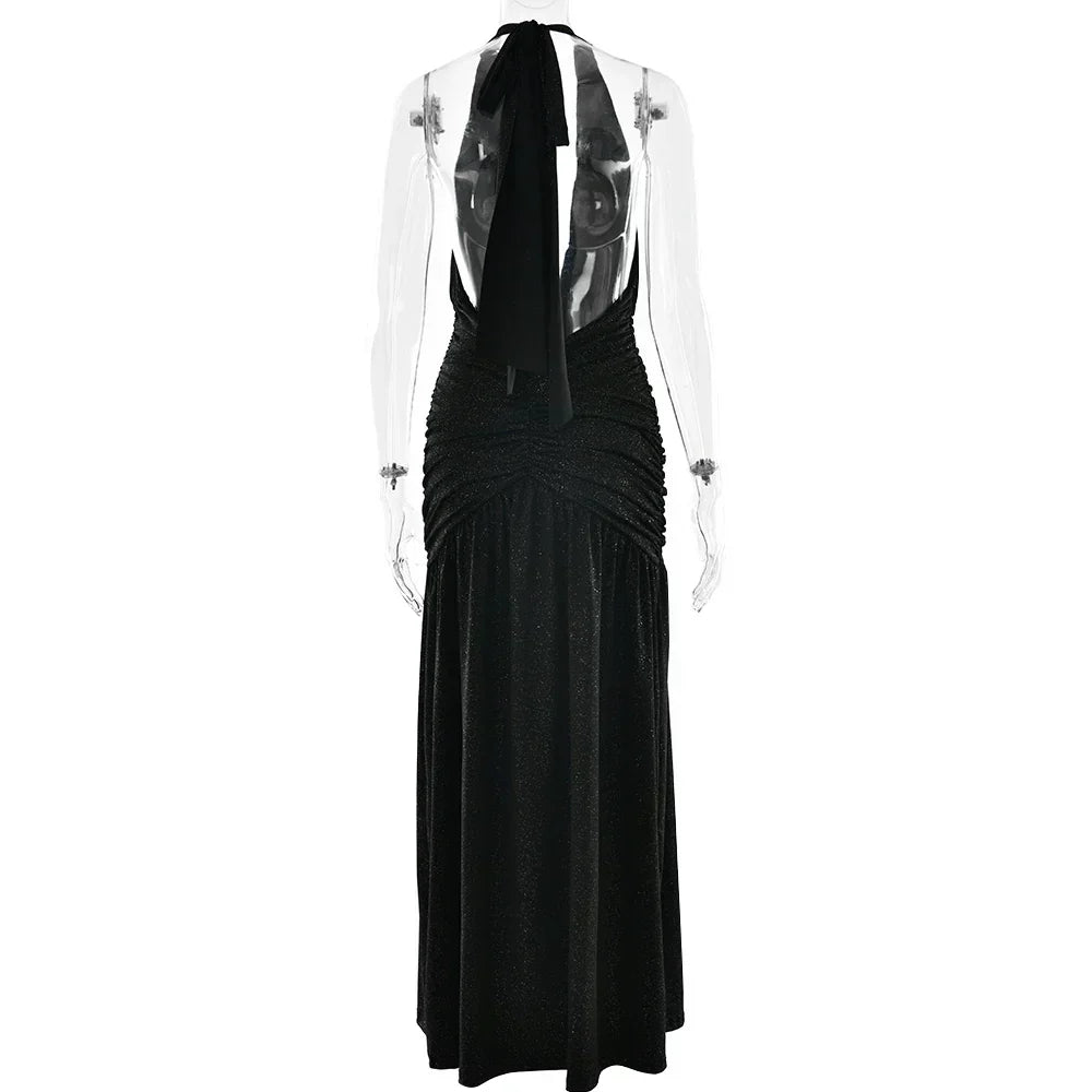 Glitter Halter Plunge V Neck Ruched Slit Maxi Dress