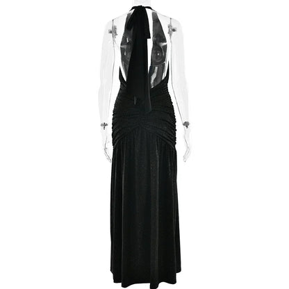 Glitter Halter Plunge V Neck Ruched Slit Maxi Dress