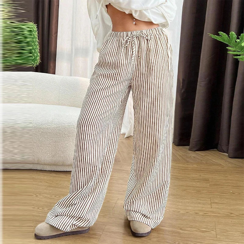 Striped Drawstring Wide Leg Pants Elastic Waist Lightweight Trousers for Summer Office Casual Vacation Wear Women Slack