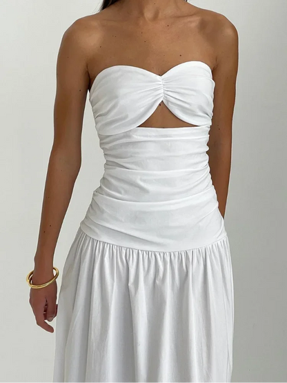 Sexy Hollow Pleated Backless Corset Maxi Dress Women Off Shoulder Solid Fashion Slim Dresses 2024 Summer Chic New Beach Robes