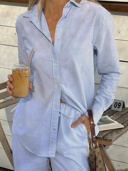 Blue Minimalism Boyfriend Stripe Shirts Women Single Breasted Turn Down Collar Long Sleeve Casual Loose Leisure Simple Clothes
