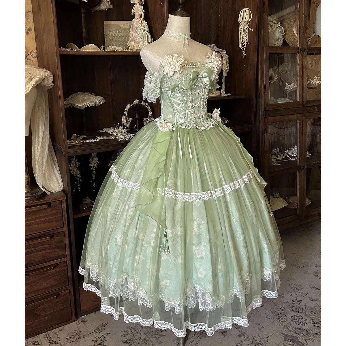 Summer New Women's Pink Green Flower Bow Slim Long Lolita Dress Coming-of-Age Birthday Banquet Princess Evening Dress