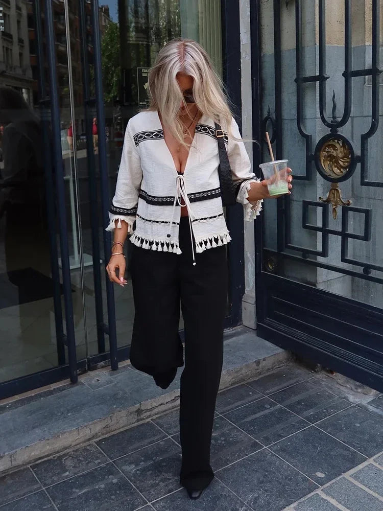 Tassel Casual Loose Apricot Blouse Top Summer Autumn 3/4 Sleeve Tie Up Holiday New Blusa Mujer 2024 V Neck Top