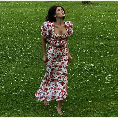 Elegant Printed Long Skirts Sets Women Square Collar Half Sleeve Crop Tops Low Waist Slim A-line Skirt 2025 Autumn Lady Chic Set