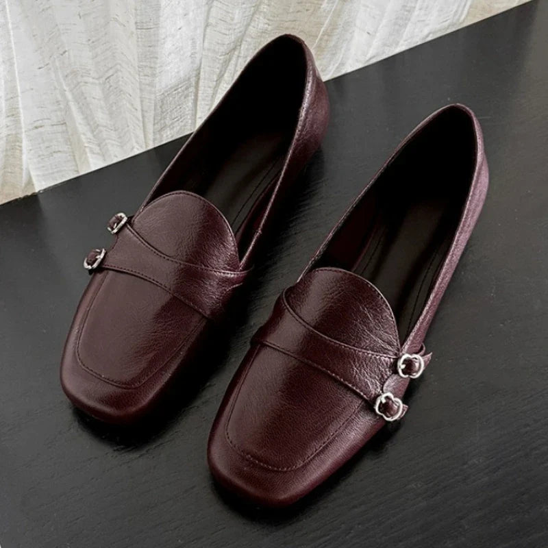 Elegant Burgundy Square Toe Loafers Women Fashion Metal Buckle Stitching Designer Shoes Comfortable Commuting Flat Office Shoes