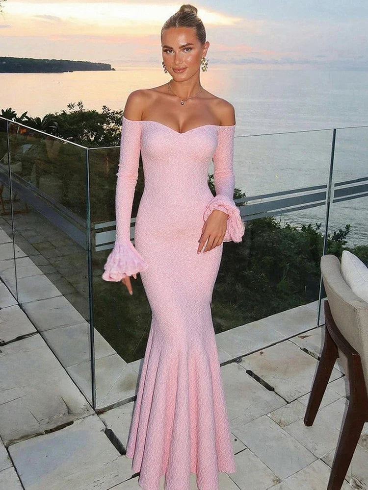 Puss Sexy See Through Dress Women Slash Neck Off Shoulder Flared Sleeve Ruffles Hem Street Ruched Elegant Long Bodycon