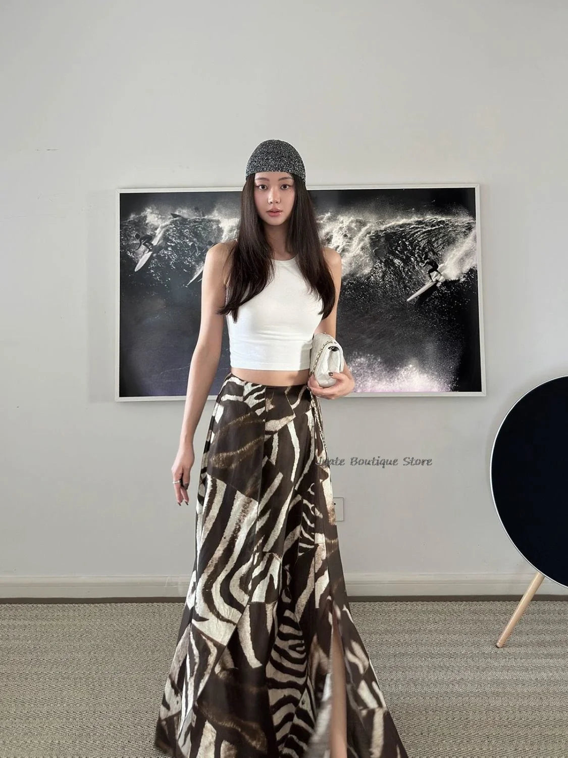 Bohemian Vacation Versatile Zebra Asymmetric Print Long Skirt With Slit A-lineretro Streetwear Women Summer Skirt 2024 New