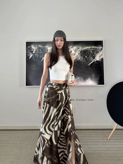 Bohemian Vacation Versatile Zebra Asymmetric Print Long Skirt With Slit A-lineretro Streetwear Women Summer Skirt 2024 New