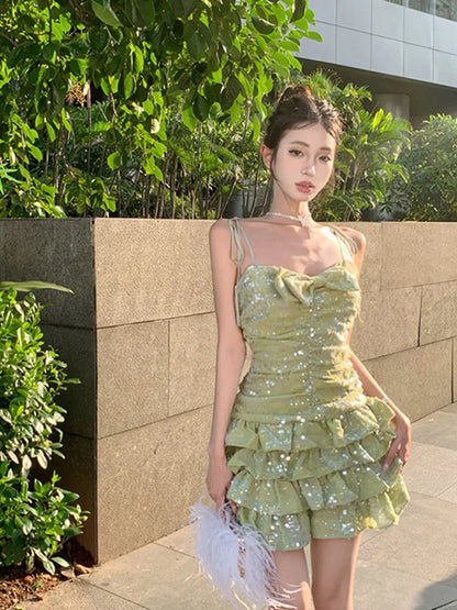 Ruched Ruffles sequin Backless Bodycon Corset Dress For Women Party Summer Elegant Mini Designer Dress Clothing