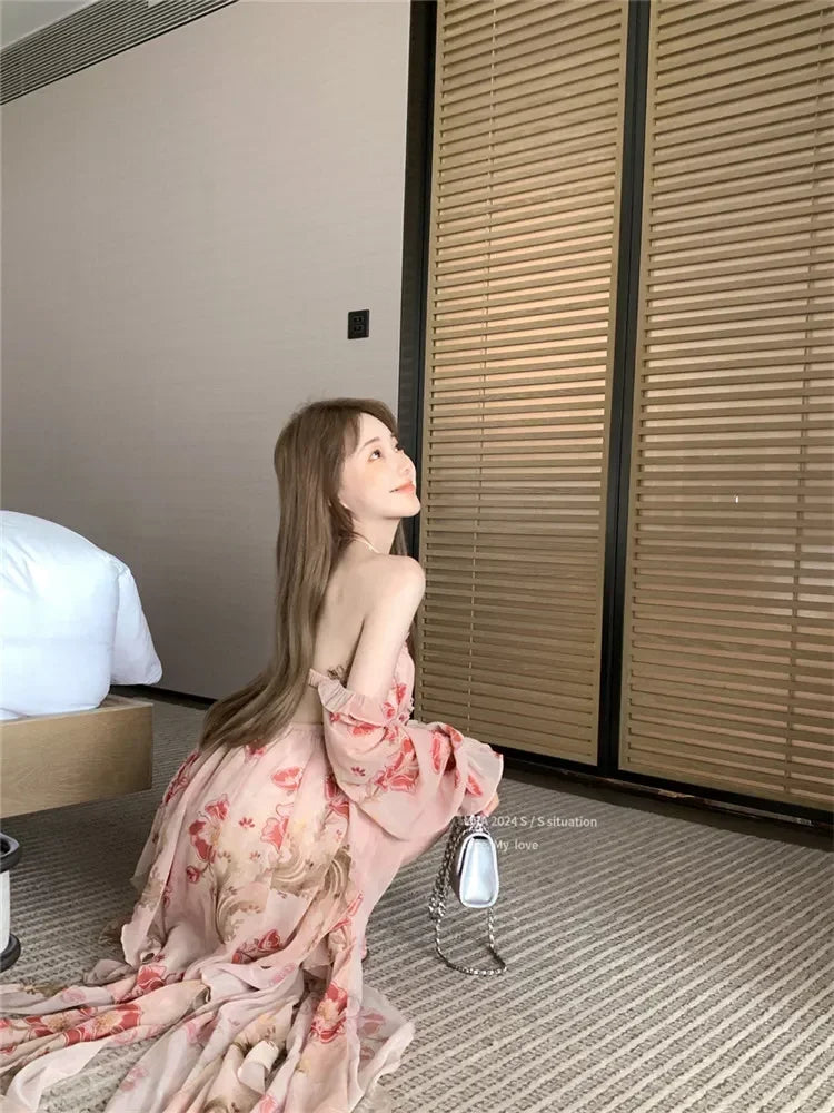 Summer Fashion High Split Irregular Long Holiday Chiffon Dress Women Backless Halter Off Shoulder Floral Print Beach Fairy Dress