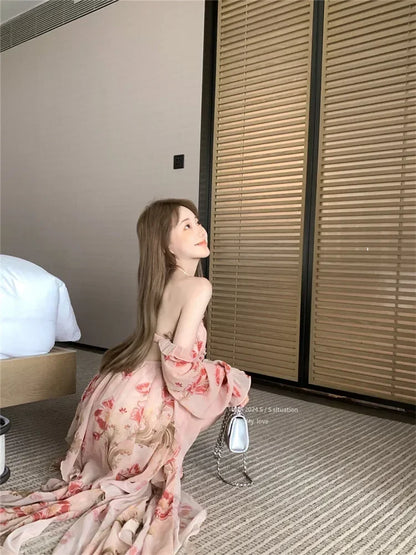 Summer Fashion High Split Irregular Long Holiday Chiffon Dress Women Backless Halter Off Shoulder Floral Print Beach Fairy Dress