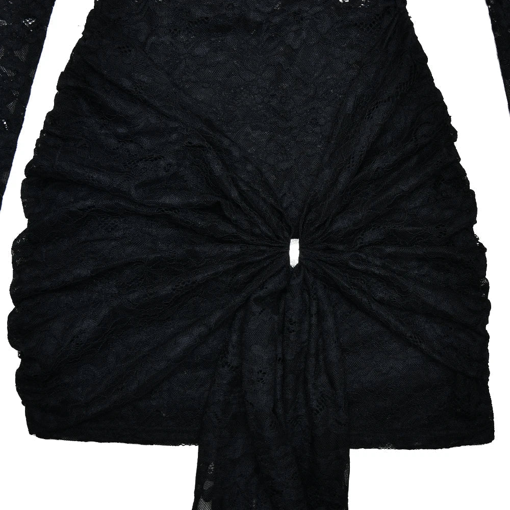 Mock Neck Lace Long Sleeve Center Gathered Brooch Tail Mini Dress