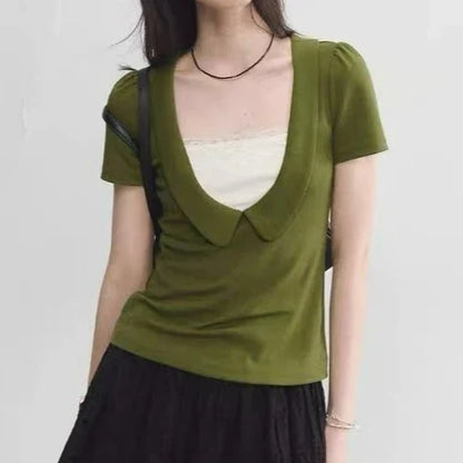 Fake Two Doll Neck Tops with Women's Lace Patchwork Waist Cinching Short Sleeved T-shirt