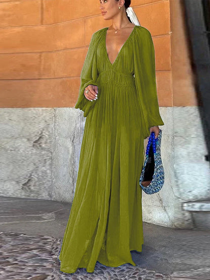 Elegant Pleated Long Dress Women Loose V Neck Long Sleeves High Waist Vestidos Female 2025 Summer Holiday Solid Evening Dresses