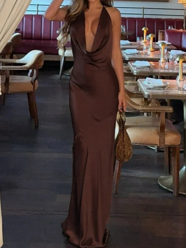 Women's Evening Gown Deep V Neck Halter Sexy Maxi Dress Solid Color Summer Sleeveless Backless Slim Fit Party Long Dress