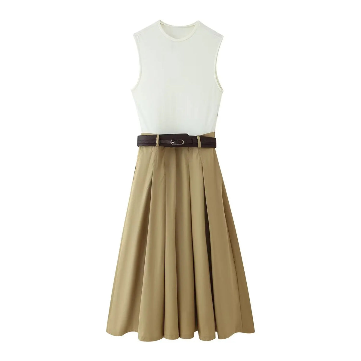 Retro Chic Women's Patchwork Dress Round Neck Sleeveless Belt Pleated Maxi Dress New Fashion Summer Holiday Dress