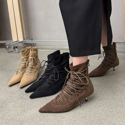 Fashion Pointed Toe Lace Up Ankle Boots Women High Quality Faux Suede Kitten Heel Designer Boot Comfort Back Zipper Modern Boots