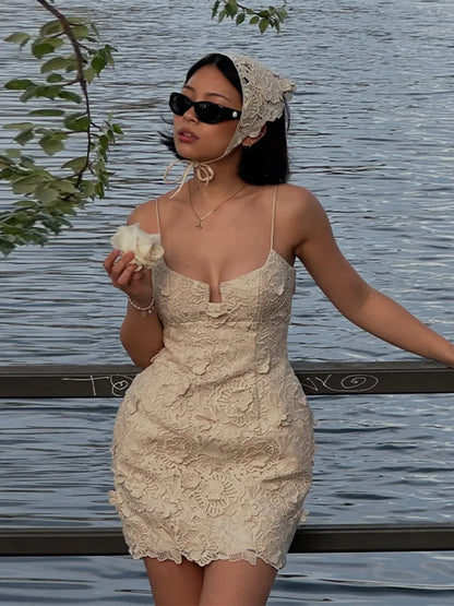 Chic Flower Suspender Short Women's Dress With Backless Slim A-line Dresses 2025 Summer Street Holiday Ladies' Short Robe