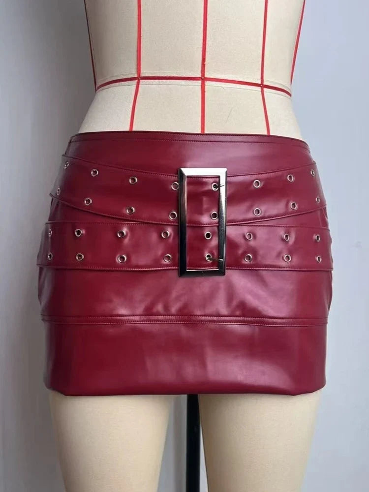 Women's Punk Street Style PU Leather Mini Skirt Solid Color Metal Buckle Belt Detail Low Waist Slim Bodycon Party Clubwear