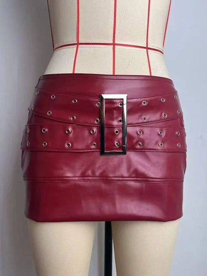Women's Punk Street Style PU Leather Mini Skirt Solid Color Metal Buckle Belt Detail Low Waist Slim Bodycon Party Clubwear