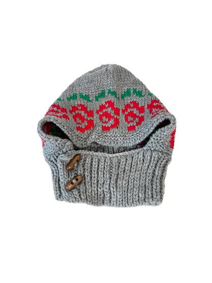 Korean Retro Balaclava Hat Winter Rose Jacquard Knitted Thermal Cover Neck Protection Integrated Ski Beanie Cap for Women's