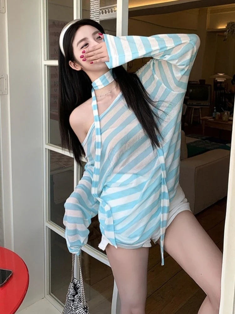 Blue Stripe One Shoulder T Shirts for Women Summer Thin Long Sleeve Sun-proof Y2k Tops Harajuku Girls Aesthetic Clothes
