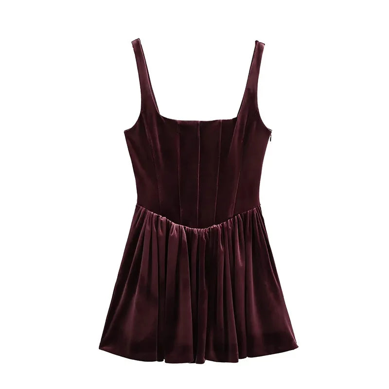 Retro Velvet Women's Dresses Fashion Square Neck Sleeveless Pleated Short Dresses Fashion Elegant Solid Color Women Party Dress