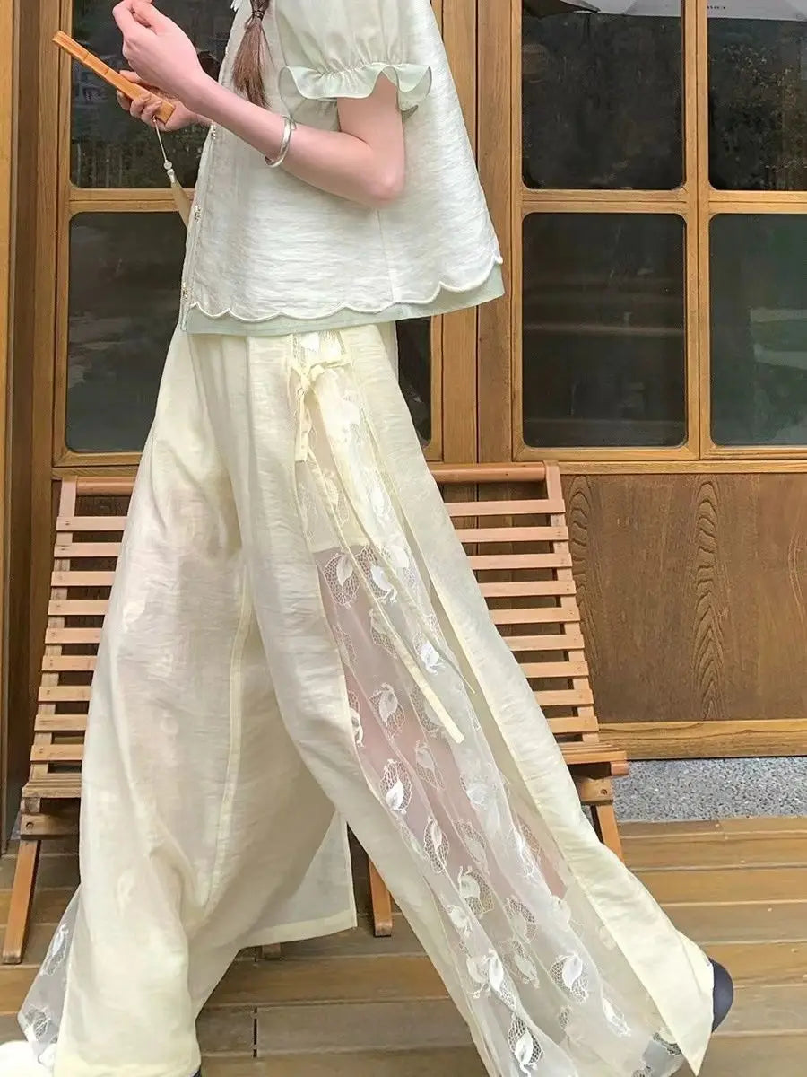 Cream Patched Lace Wide Leg Pants Cat Embroidered Chinese Style Sweet Short Sleeve Blouses Summer Two Piece Set Women Outfits