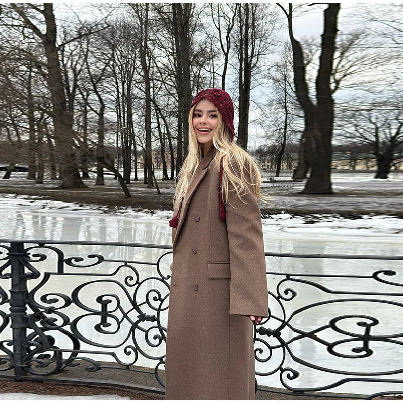 Elegant Solid Double Breasted Long Coat Women Chic Casual Loose Lapel Pad Shoulder Tweed Coats Lady Winter Retro Street Outwear