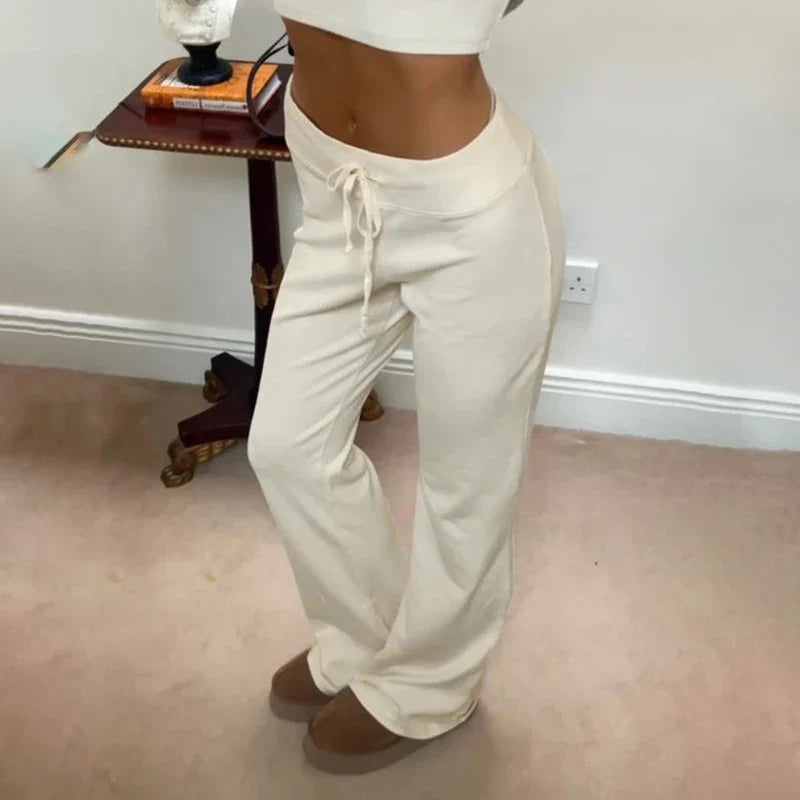 Drawstring Solid Women Slacks Turndown Waist Straight Casual Pants Concise Knitted Sweatpants All-matched Trousers Home