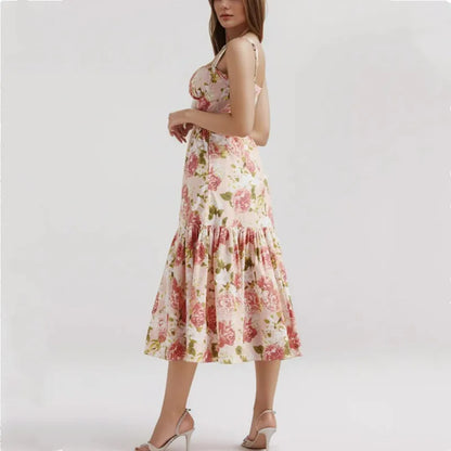 Sweetheart Bustier Wide Strap Floral Drop Waist Ruffle Midi Dress