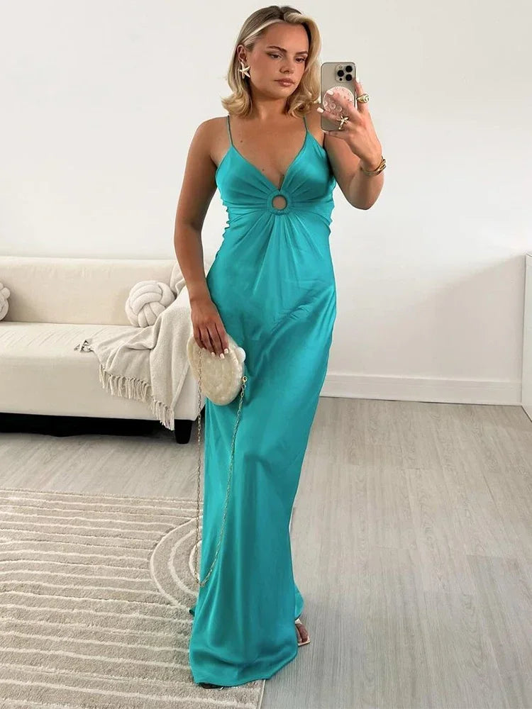Sexy Satin Deep V Neck Hollow Out slim Long Dress Women Fashion backless High Waist Pleated Sling Robes 2024 Lady Party Vestidos