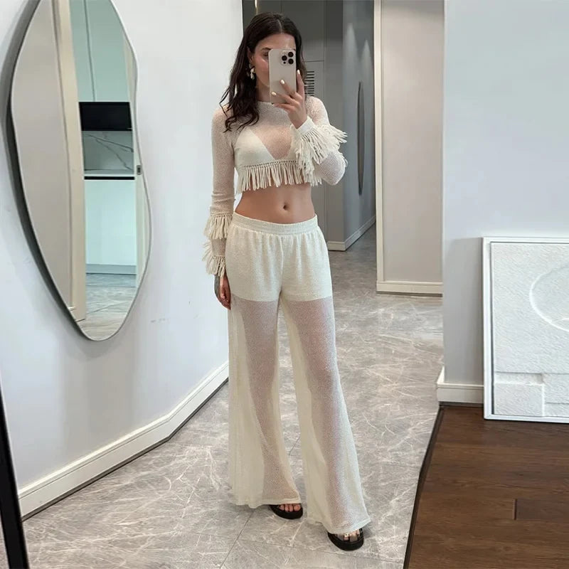 Mesh See Through Tassels Crop Top Pants Sets Women Long Sleeve O-neck Pullover Straight Trousers Suits 2025 Summer Holiday Set
