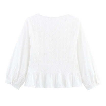 Women's commuting summer new fashion ethnic style hollow embroidery casual long-sleeved short shirt