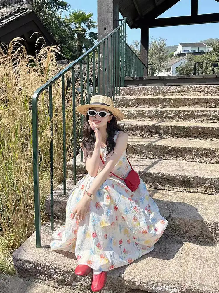 Gradient Floral Print Sleeveless Vest Dress Women's Summer Casual Cotton Long Dress Commute Style A-Line Silhouette