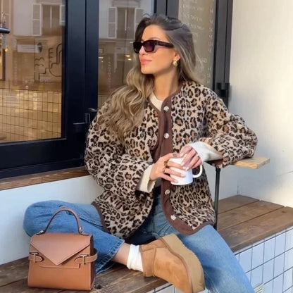 Vintage Leopard Print Single Breasted Jacket Women Elegant O Neck Long Sleeves Pocket Coat New Fashion Lady Warm Outerwear