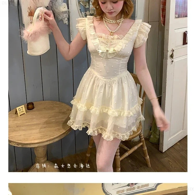Summer New Original Sweet Girl Vacation Short Dress Fresh High Waist Bow Slimming Lace Small Fly Sleeve Party Dresses