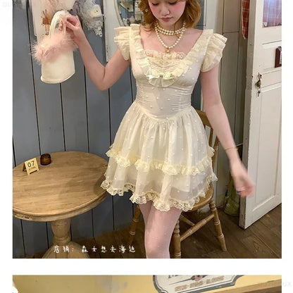 Summer New Original Sweet Girl Vacation Short Dress Fresh High Waist Bow Slimming Lace Small Fly Sleeve Party Dresses