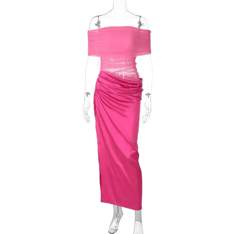 Off-Shoulder Mesh Ruched Bodice Satin Wrap Slit Maxi Dress