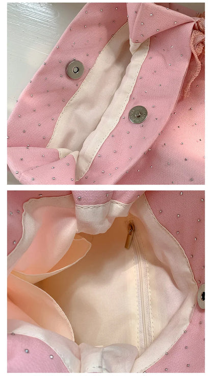 Sweet Girl Shoulder Bag Women's Korean Diamond Handbags New Summer Nylon Bow Tote Bags