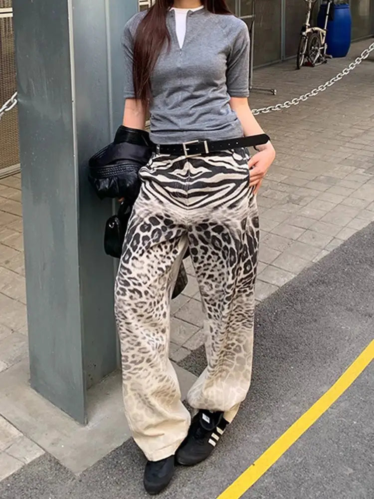 Design Sense Leopard Print Gradient Print Jeans for Children Retro Loose Straight Leg Floor Length Pants
